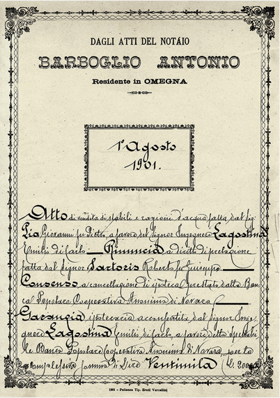 购买Molinetto工厂的契约，由公证人Antonio Barboglio于1901年8月1日起草。
